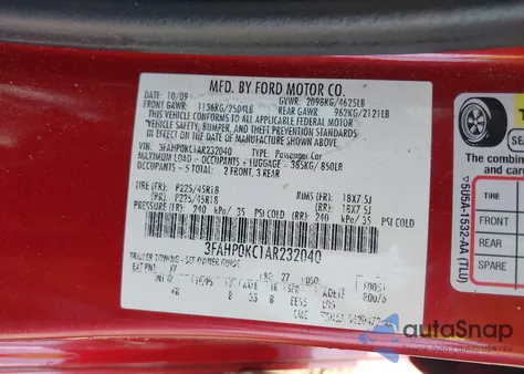 2010 Ford Fusion Sport из США, поврежденный, VIN 3FAHP0KC1AR232040